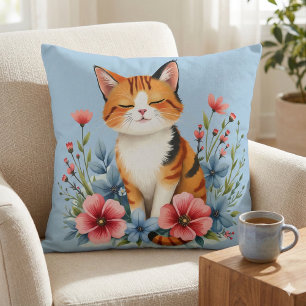 Cottagecore Floral Cat Serene Feline Botanical Cushion