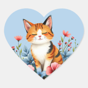 Cottagecore Floral Cat Serene Feline Botanical Heart Sticker