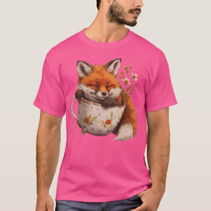 Cottagecore Floral Cute Fox Tea Cup Aesthetic Art T-Shirt