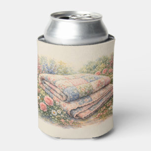 Cottagecore Floral Patchwork Quilt Watercolor Can Cooler