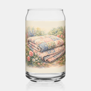 Cottagecore Floral Patchwork Quilt Watercolor Can Glass