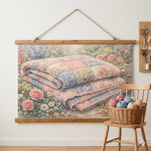 Cottagecore Floral Patchwork Quilt Watercolor Hanging Tapestry