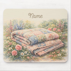 Cottagecore Floral Patchwork Quilt Watercolor Mouse Pad