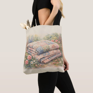 Cottagecore Floral Patchwork Quilt Watercolor Tote Bag