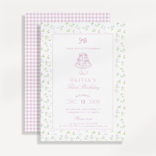 Cottagecore floral, pink gingham birthday invitation