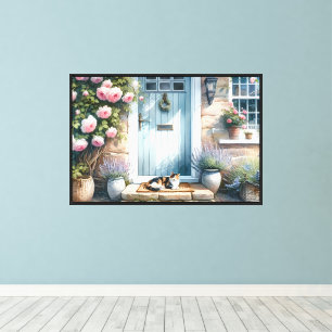 Cottagecore Floral Porch with Calico Cat Canvas Print