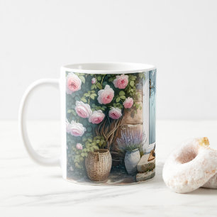 Cottagecore Floral Porch with Calico Cat Coffee Mug