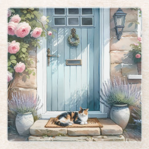 Cottagecore Floral Porch with Calico Cat Glass Coaster