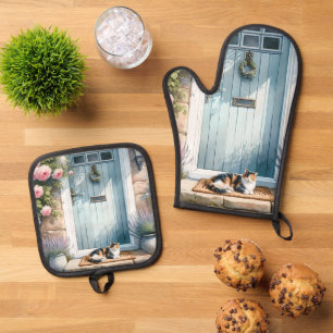 Cottagecore Floral Porch with Calico Cat Oven Mitt & Pot Holder Set