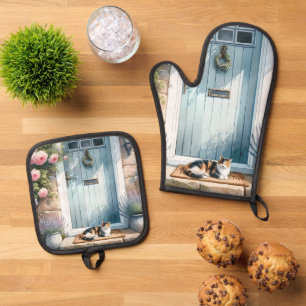 Cottagecore Floral Porch with Calico Cat Oven Mitt & Pot Holder Set