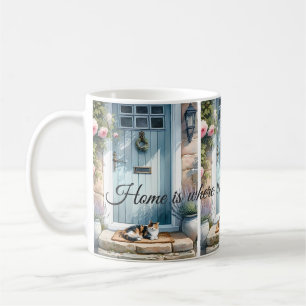 Cottagecore Floral Porch with Calico Cat Text Coffee Mug