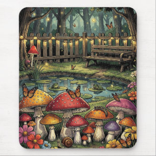 Cottagecore Forest Scene Whimsical Mushrooms Mouse Pad