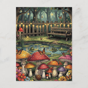 Cottagecore Forest Scene   Whimsical Mushrooms Postcard