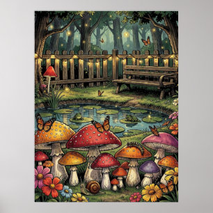 Cottagecore Forest Scene   Whimsical Mushrooms Poster