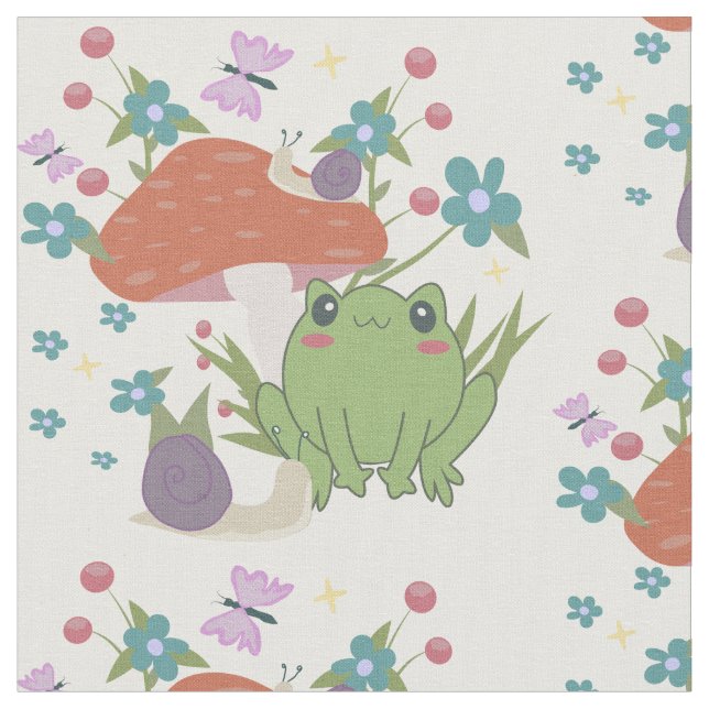 cottagecore frog mushroom fabric (Close Up)