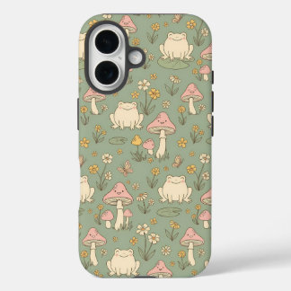 Cottagecore Frog & Mushroom Meadow Pattern Phone C iPhone 16 Case