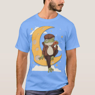 Cottagecore Frog On Crescent Moon Eating Pizza Out T-Shirt