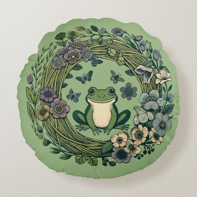 Cottagecore Frog Wildflowers                       Round Cushion (Front)