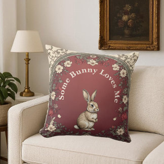 Cottagecore Greenery Burgundy Some Bunny Loves Me Cushion