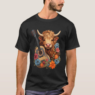 Cottagecore Highland Cow With Acoustic Guitar T-Shirt