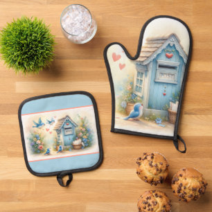 Cottagecore Love Letters Bluebird Mailbox Oven Mitt & Pot Holder Set