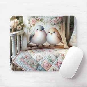 Cottagecore Lovebird Floral Quilt Scene Mouse Pad