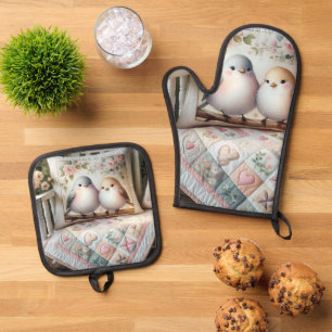 Cottagecore Lovebird Floral Quilt Scene Oven Mitt & Pot Holder Set