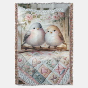 Cottagecore Lovebird Floral Quilt Scene Throw Blanket