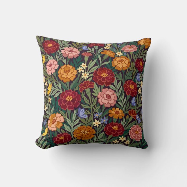 Cottagecore Marigold Garden Throw Pillow (Front)