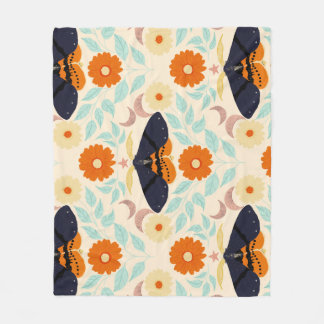 Cottagecore Moth Pattern Art | Retro Floral Design Fleece Blanket