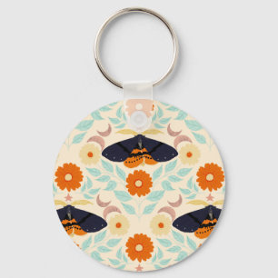 Cottagecore Moth Pattern Art   Retro Floral Design Key Ring