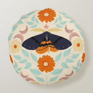 Cottagecore Moth Pattern Art Retro Floral Design Round Cushion