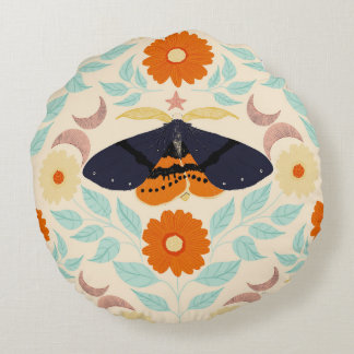 Cottagecore Moth Pattern Art | Retro Floral Design Round Cushion