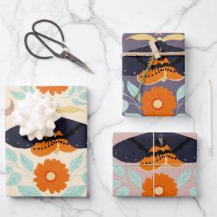 Cottagecore Moth Pattern Art Retro Floral Design Wrapping Paper Sheet