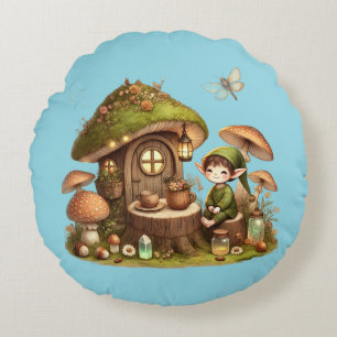 “Cottagecore Mushroom House & Forest Goblin Round Cushion