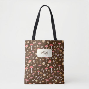 Cottagecore Mushroom Pattern Monogram Boho  Tote B Bag