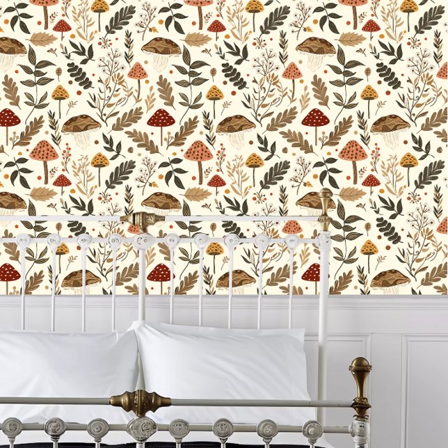 Cottagecore Mushrooms and Leaves Wallpaper (Cottagecore Mushrooms and Leaves Wallpaper behind a white metal bed frame. )