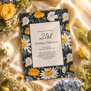 Cottagecore Navy Blue White Yellow 21st Birthday Invitation