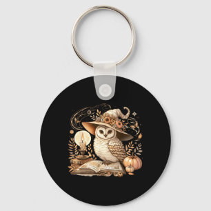 Cottagecore Owl Witch On Book Pumpkin Halloween Key Ring