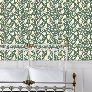 Cottagecore Papercut Birds on Green Wallpaper