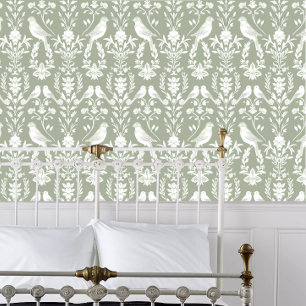 Cottagecore Papercut Birds on Light Olive Green Wallpaper