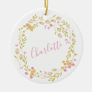 Cottagecore Pink Green Dainty Floral Wreath Name  Ceramic Tree Decoration