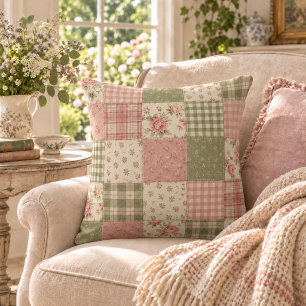 Cottagecore Rose Green Gingham Patchwork Cushion