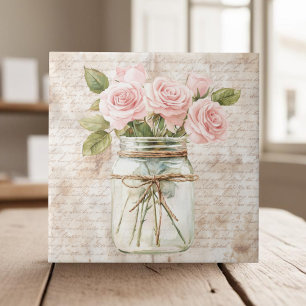 Cottagecore rustic mason jar pink roses farmhouse tile