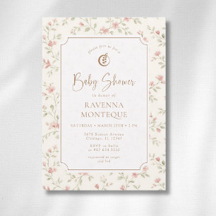 Cottagecore Sage Blush Flowers Gold Baby Shower Invitation