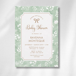 Cottagecore Sage White Floral Gold Bow Baby Shower Invitation