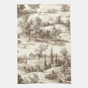 Cottagecore Sepia Harvest Pumpkin Toile Pattern Tea Towel