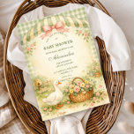 Cottagecore Silly Goose Garden Baby Shower Invitation<br><div class="desc">A charming storybook-style baby shower design featuring a sweet watercolor goose standing beside a nest filled with pastel eggs. Delicate spring flowers and soft greenery create a gentle countryside scene, while a blush bow and sage gingham background add a cozy cottagecore touch. The vintage illustration style and soft pastel palette...</div>
