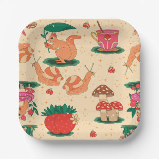 cottagecore snail magic strawberry squirrel beige paper plate