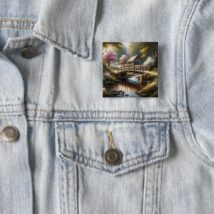 Cottagecore Spring Bridge Cottage Scene 15 Cm Square Badge